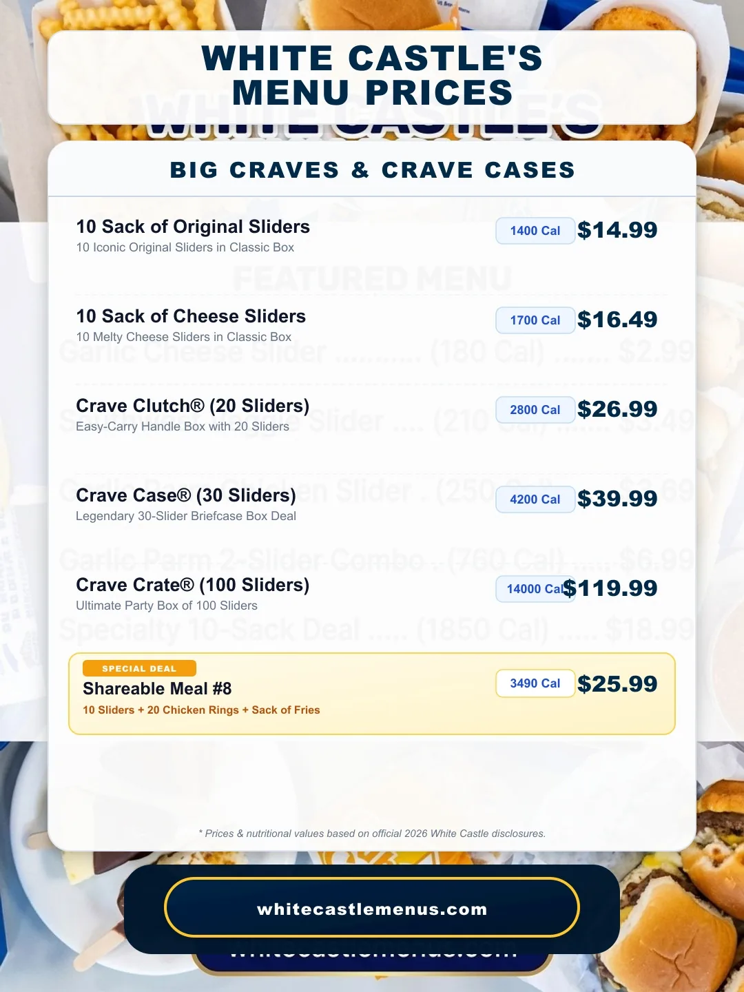 White Castle Big Craves Menu Prices & Calories Board 2026