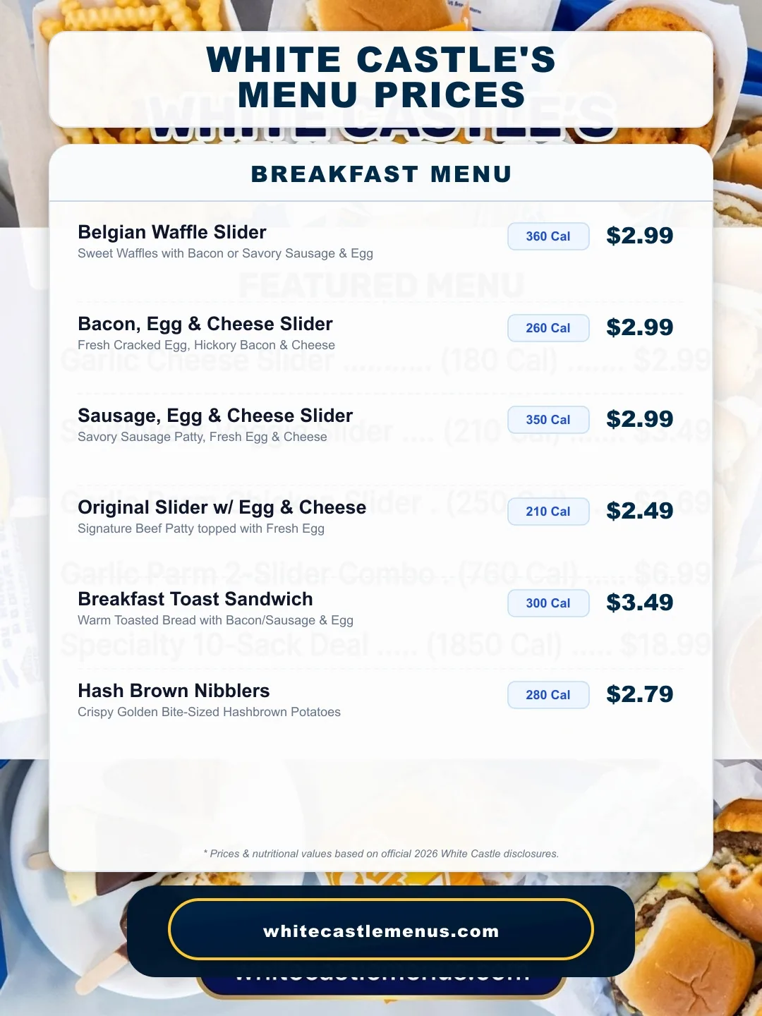 White Castle Breakfast Menu Prices & Calories Board 2026