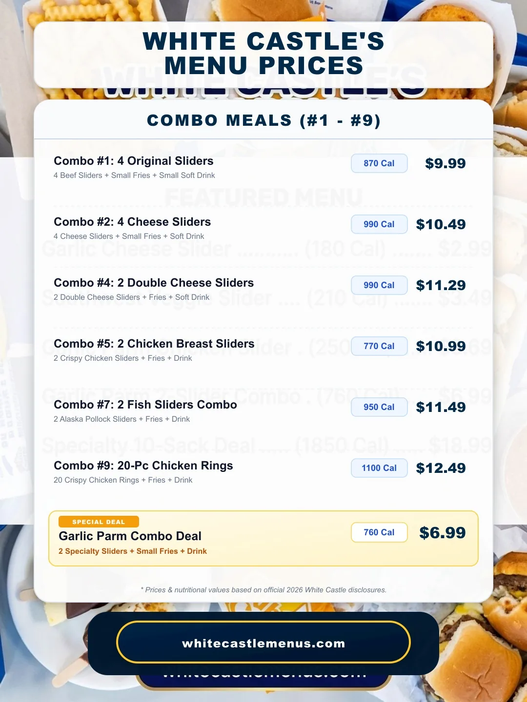 White Castle Combos Menu Prices & Calories Board 2026