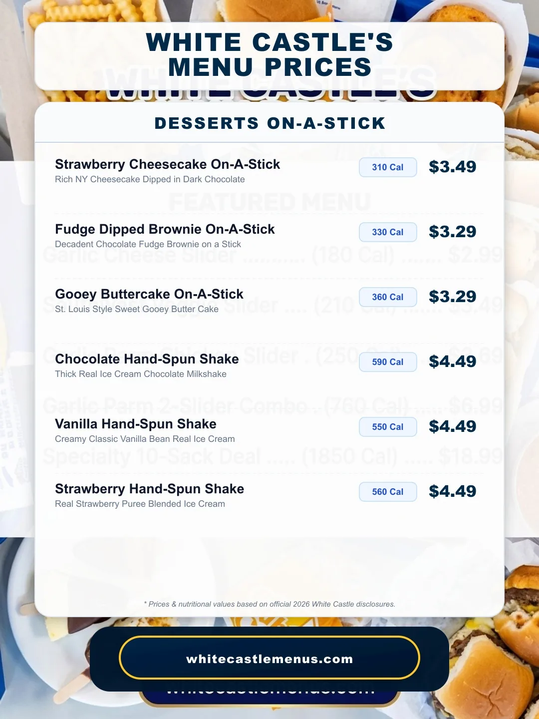 White Castle Desserts Menu Prices & Calories Board 2026