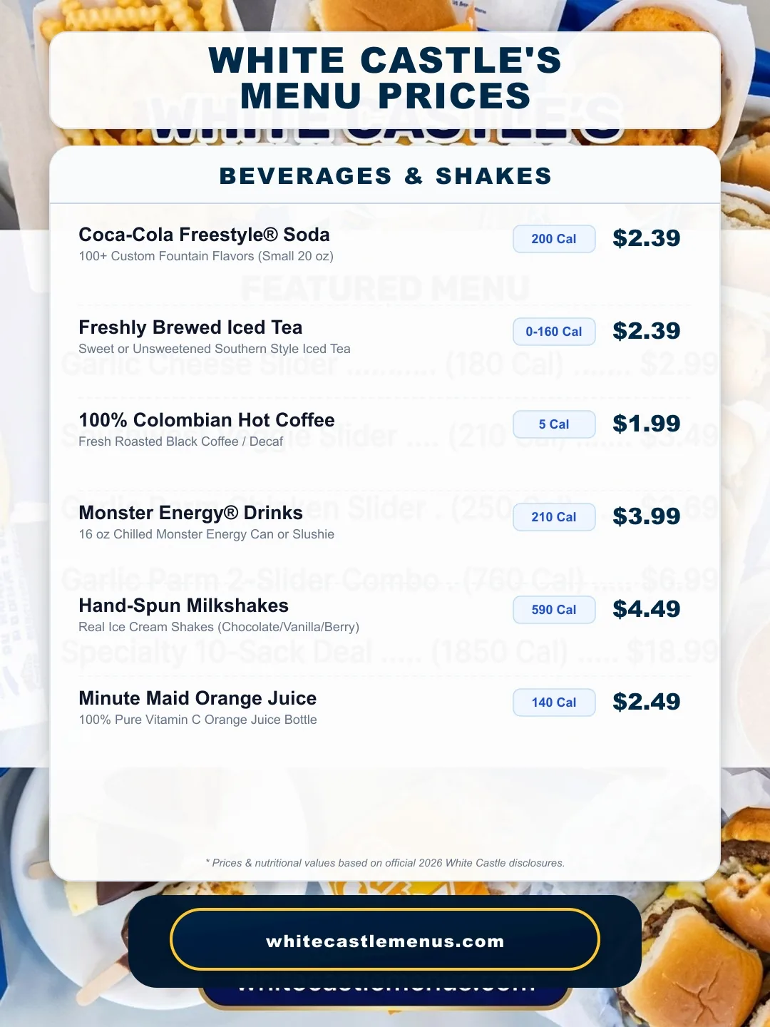 White Castle Drinks Menu Prices & Calories Board 2026