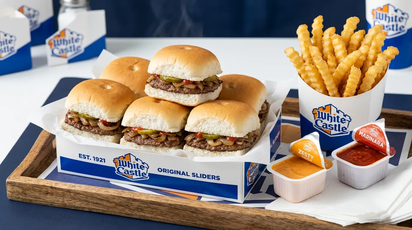 White Castle Sliders, French Fries, and Dipping Sauces Menu Showcase