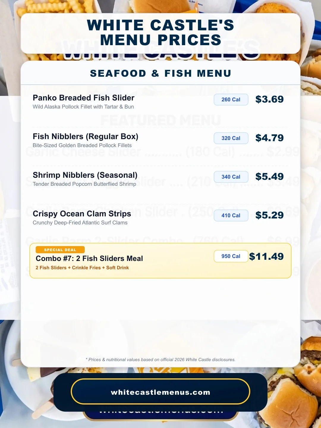 White Castle Seafood Menu Prices & Calories Board 2026