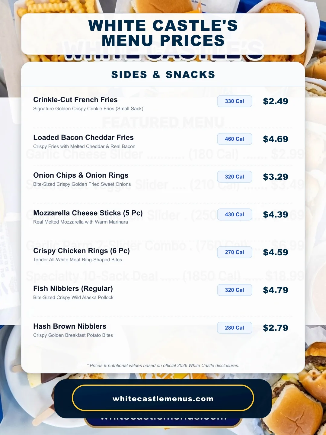 White Castle Sides Menu Prices & Calories Board 2026